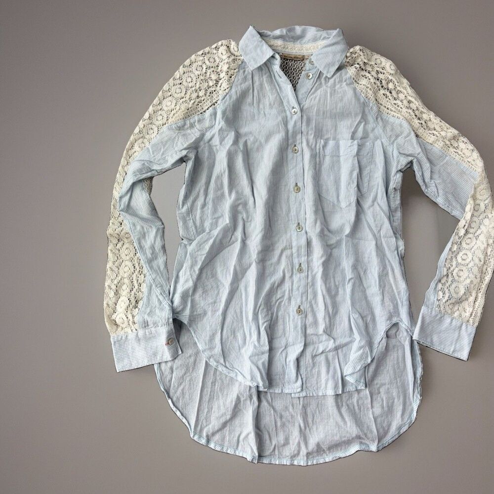 Holding Horses Anthropologie Blue Striped Button Up Shirt Size S Crochet Tunic